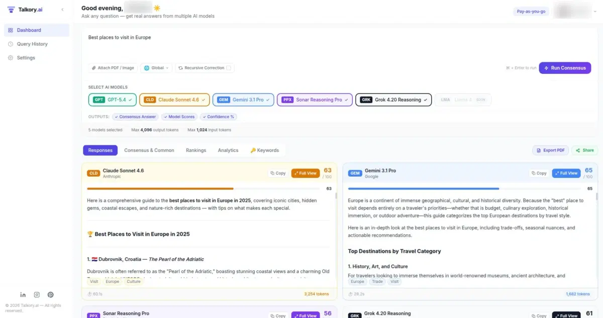 Talkory.ai showing 5 AI models answering the same question side-by-side