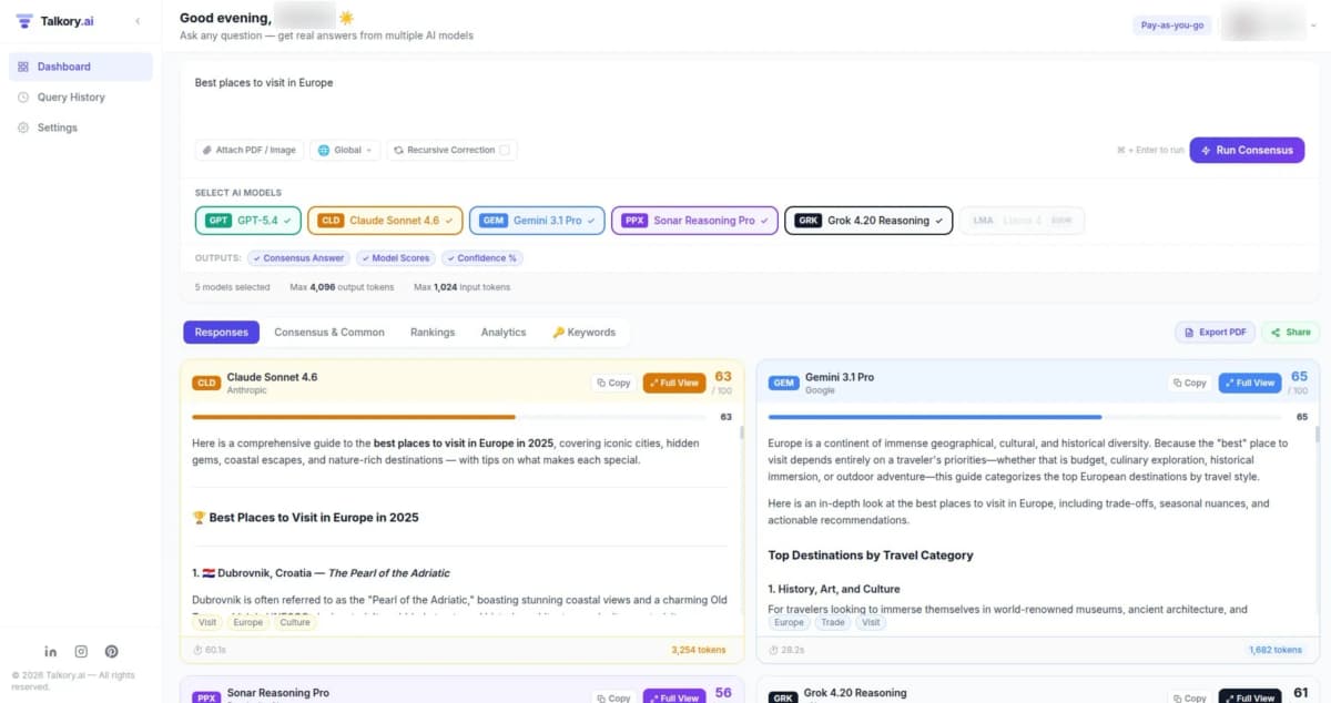 Talkory.ai showing 5 AI models answering the same question side-by-side
